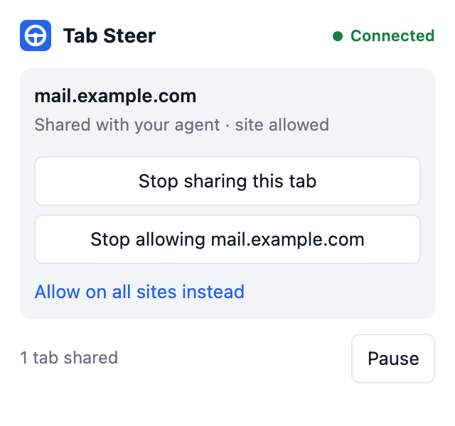 The Tab Steer popup showing a shared tab on an allowed site, with buttons to stop sharing, stop allowing the site, and pause.